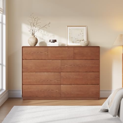 Solid Wood Dresser, 55.1" Wide Mid Century Modern Dresser, Brown, view 4