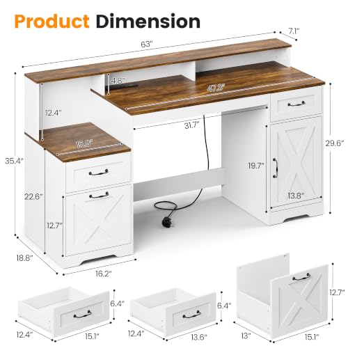 63 Inch Farmhouse Computer Desk with Drawers & Power Outlets, view 3
