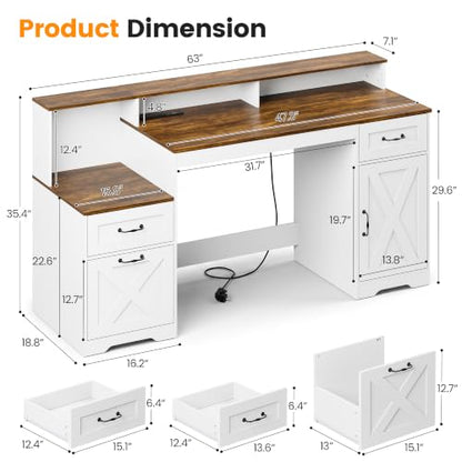 63 Inch Farmhouse Computer Desk with Drawers & Power Outlets, view 3