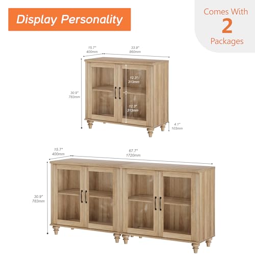 Farmhouse TV Stand for 75 inch TV with 4 Glass Doors, Wood Universal TV Stand with 4 Storage Cabinets, Oak Entertainment Center TV Console Table for Living Room, Bedroom