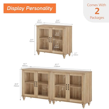 Farmhouse TV Stand for 75 inch TV with 4 Glass Doors, Wood Universal TV Stand with 4 Storage Cabinets, Oak Entertainment Center TV Console Table for Living Room, Bedroom
