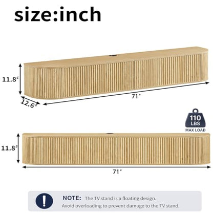 71" Oak Fluted Floating TV Stand for TVs up to 80" for Living Room, view 3
