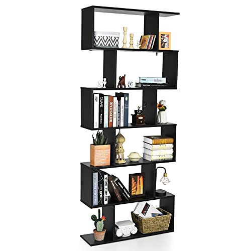 6 Tier S Shaped Bookshelf, 31.5''L x 9''W x 75''H, Wooden Bookcase and Bookshelves w/Anti-Toppling Device, Room Divider Display Shelves for Living Room, Home Decor, 6 Shelf Bookshelf
