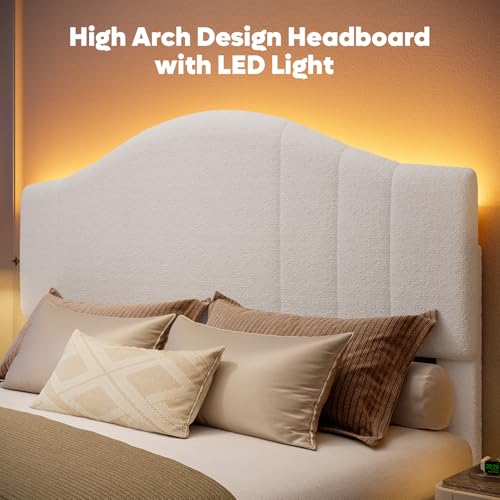 Queen Upholstered Bed Frame, Arc LED Headboard, White Fabric, view 6