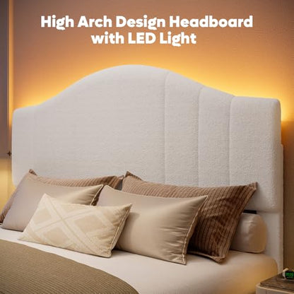 Queen Upholstered Bed Frame, Arc LED Headboard, White Fabric, view 6
