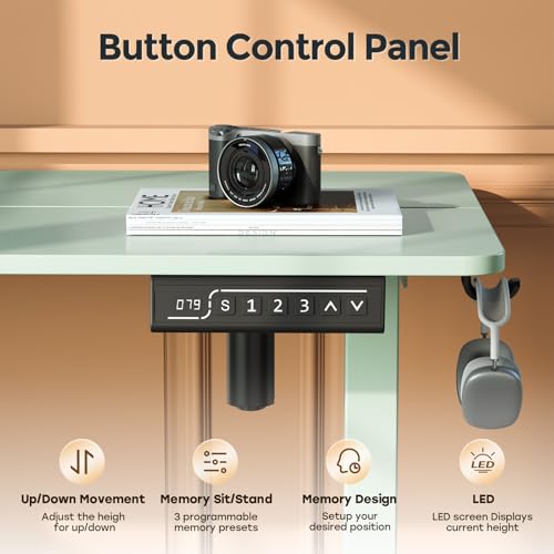 Small Electric Standing Desk, 35" ×20" Standing Table, Height Adjustable Compact Sit Stand Workstation with Splice Board, Home Office Desk with 2 Hooks, Sage Green