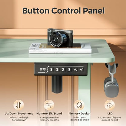 Small Electric Standing Desk, 35" ×20" Standing Table, Height Adjustable Compact Sit Stand Workstation with Splice Board, Home Office Desk with 2 Hooks, Sage Green