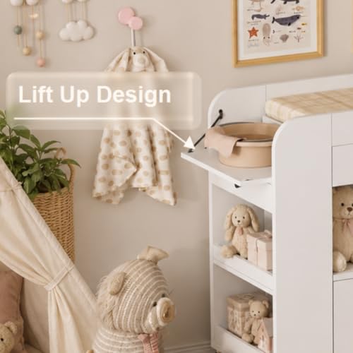 Baby Changing Table, 2 Drawers Nursery Changing Station with 4 Open Cubbies, view 7