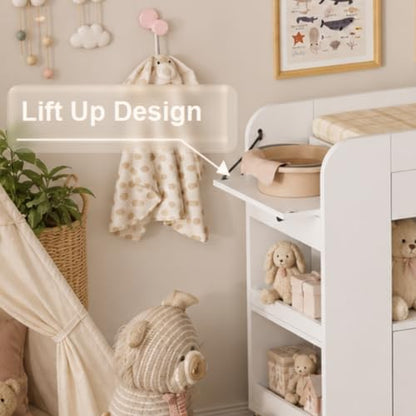 Baby Changing Table, 2 Drawers Nursery Changing Station with 4 Open Cubbies, view 7