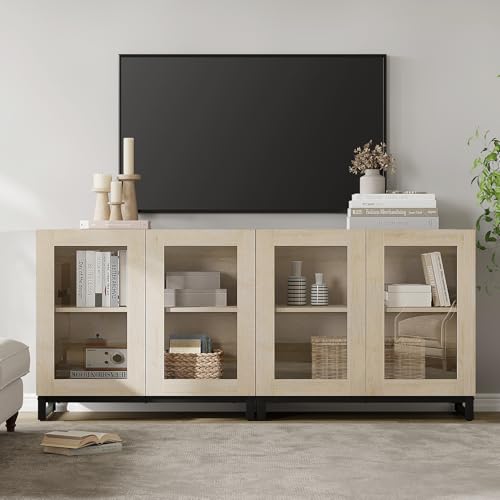 Modern TV Stand with Glass Doors for 40-70 inch TVs, 2 in 1 Entertainment Center Console with Adjustable Shelves and Metal Base for Living Room, Bedroom, Beige