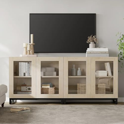 Modern TV Stand with Glass Doors for 40-70 inch TVs, 2 in 1 Entertainment Center Console with Adjustable Shelves and Metal Base for Living Room, Bedroom, Beige