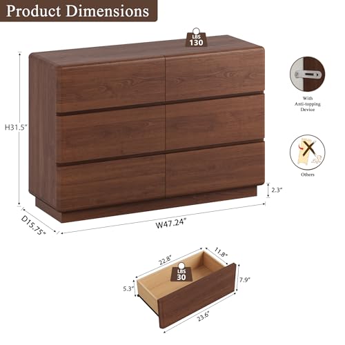 Walnut 6 Drawer Dresser for Bedroom, 47" Wide Chest of Drawers, view 3