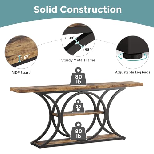 63 in Console Table for Entryway, 3-Tier Sofa Table, Brown/Black | Behind Couch Table with Metal Frame, Low Storage Shelves for Hallway, Living Room, Rustic Industrial Style