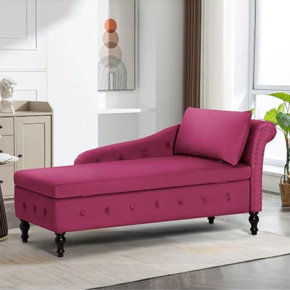 Velvet Chaise Lounge w/Right Armrest & Storage Space, Fuchsia, view 3
