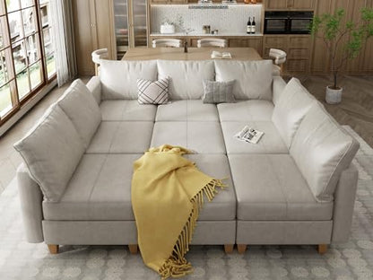 Modular Sleeper Sofa Sectional Couch with Storage, Faux Leather Modular Sofa Bed Sectional Sofa for Living Room Beach White