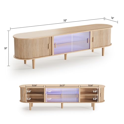 70" Fluted TV Stand with LED Lights for TVs up to 75 Inch, Mid Century Modern Entertainment Center with Sliding Doors & Glass Shelf, TV Console Table Media Console for Living Room, Natural Oak