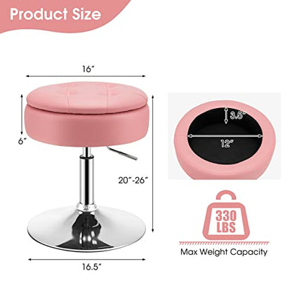 Vanity Stool with Storage, 360° Swivel PU Leather Vanity Chair, 20” to 26” Height Adjustable Makeup Stool with Flipped Lid, Modern Round Storage Ottoman for Living Room Bedroom, Pink