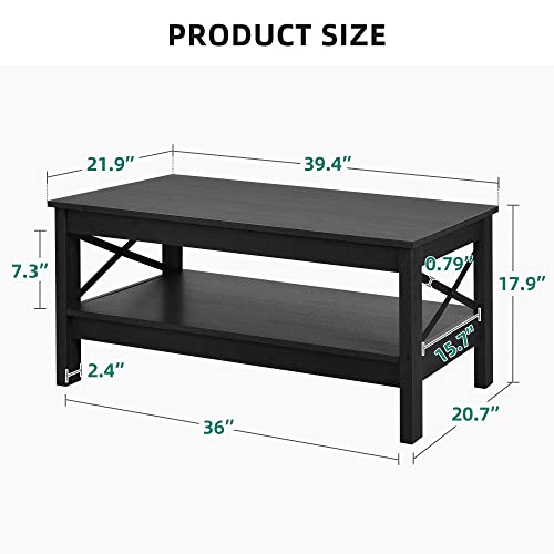 Coffee Table for Living Room, Modern Farmhouse Coffee Table with Storage, 2-Tier Center Table Wood Living Room Table Accent Cocktail with Sturdy Frame, Black
