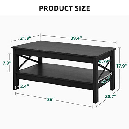 Coffee Table for Living Room, Modern Farmhouse Coffee Table with Storage, 2-Tier Center Table Wood Living Room Table Accent Cocktail with Sturdy Frame, Black