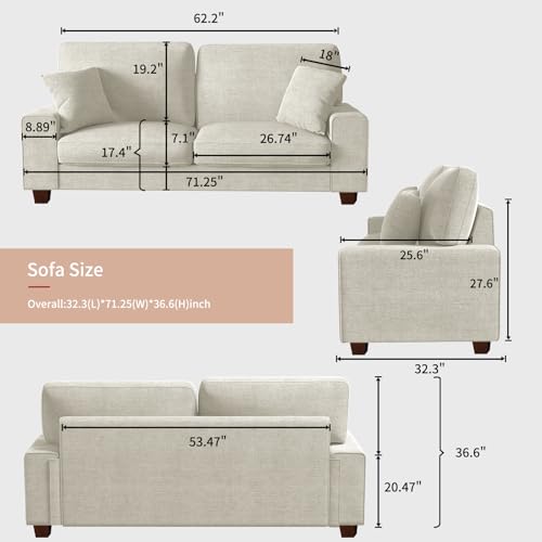 Modern Loveseat Sofa for Living Room,Chenille Recliner, Removable Cover, Pocket Spring Cushions, Solid Wood Frame, Easy Assembly for Small Spaces (71.25inch，Beige)
