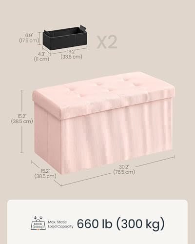 Ottoman with Storage, Removable Lid, Folding Storage Chest, Easy Assembly, for Entryway, Bedroom, Living Room, 15.2 x 30.2 x 15.2 Inches, Corduroy, Light Pink