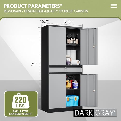 Metal Garage Storage Cabinets with Lockable Doors and Adjustable Shelves, 71" H Tool Cabinet for Home, Office, Warehouse (Black Grey)