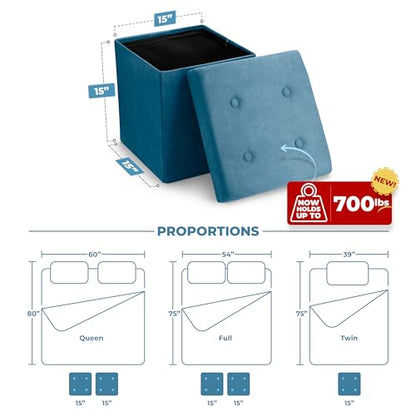 Storage Ottoman Foot Rest Cube– Small Folding Ottoman Bedroom Bench Chest 15 Inch Box Coffee Table, Shoe Storage, Foot Stool, Pouf Storage Ottoman, Seat, Suede Velvet Fabric - Teal Blue