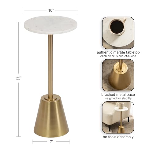 Tira Elegant Round Drink Table, 10 x 22, White Marble and Gold, Modern Glam Circle Martini Table for Use as a Small Bedroom Nightstand or Living Room Plant Stand Option
