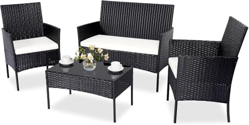 Patio Furniture Set 4 Pieces, Outdoor Rattan Furniture with Tempered Glass Coffee Table, Modern Rattan Patio Chairs Conversation Sets with Sofa for Garden, Terrace, Porch, Lawns