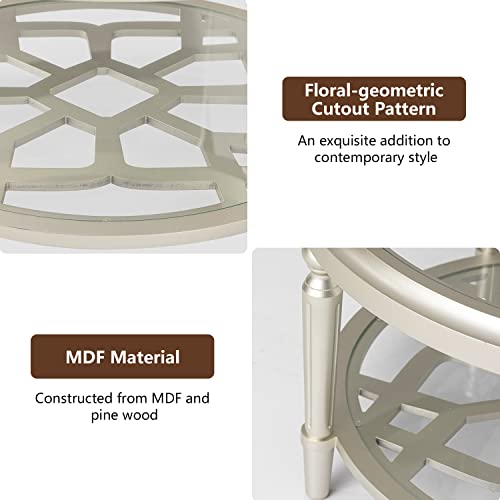 32" Round Glass Coffee Table with Storage, 2-Tier Modern Champagne Center Table for Living Room, Elegant Clear Glass Top Accent Table with Pine Wood Frame, Simple Home Office Furniture