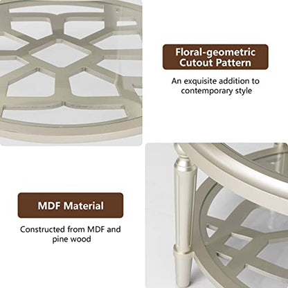 32" Round Glass Coffee Table with Storage, 2-Tier Modern Champagne Center Table for Living Room, Elegant Clear Glass Top Accent Table with Pine Wood Frame, Simple Home Office Furniture