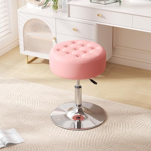Mid-Century Velvet Tufted Makeup Ottoman Stool, 360° Swivel Adjustable Vanity Stool Modern Big Size Vanity Chair Stools for Living Room Bedroom Bathroom, Pink