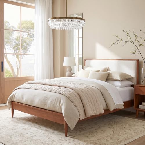 Mid Century Bed Frame with Boucle Upholstered Headboard, Walnut, view 4