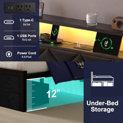 Full Bed Frame with LED Lights, Charging Station & 2 Storage Drawers, view 7