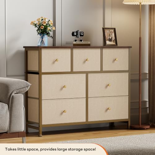 7 Drawer Dresser for Bedroom Storage with Fabric Bins, Khaki, view 5