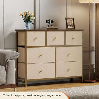 7 Drawer Dresser for Bedroom Storage with Fabric Bins, Khaki, view 5