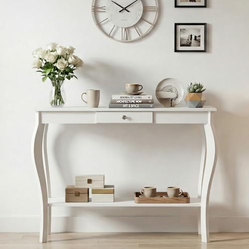 Narrow Console Table with Drawer, Chic Accent Sofa Table, Entryway Table, 39.3 Inch, White