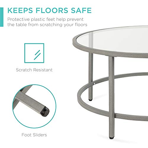 Best Choice Products 36in Modern Round Tempered Glass Accent Side Coffee Table for Living Room, Dining Room, Tea, Home Décor w/Metal Frame, Non-Marring Foot Caps - Gray
