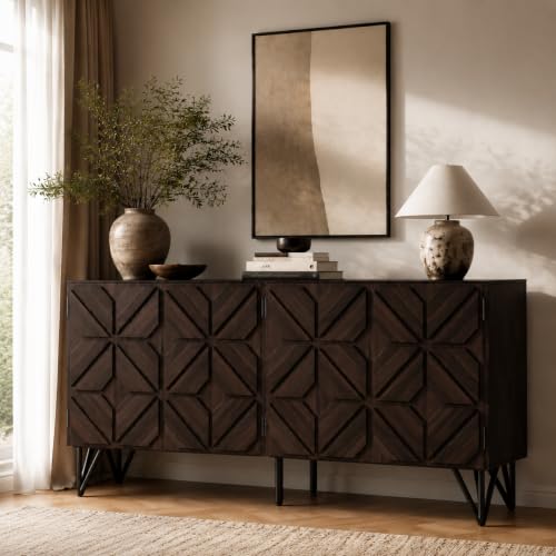 63" Solid Wood Buffet Cabinet with Geometric Doors, Dark Walnut, view 6