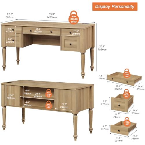 Farmhouse Executive Desk with Drawers, 56 Inch Writing Desk, Oak, view 3