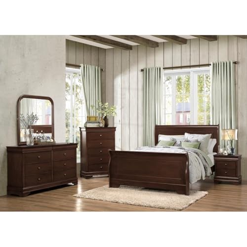 Traditional Queen Bed Dark Cherry Finish Wooden Bedroom Furniture