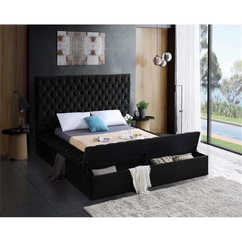 Meridian Furniture Bliss Collection Modern | Contemporary Velvet Upholstered Bed with Deep Button Tufting and Storage Compartments in Rails and Footboard, Black, King