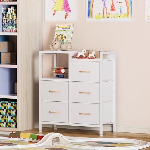 White Dresser for Bedroom, 5 Drawer Small Fabric Closet Dresser, view 3
