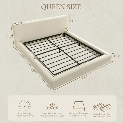 Cloud Bed Frame, Upholstered Queen Platform Bed Frame, Cream, view 3
