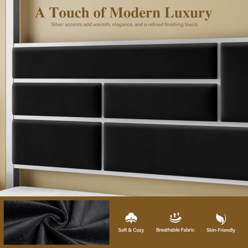 Queen Canopy Bed Frame, Velvet Upholstered with Silver Trim, Black, view 6