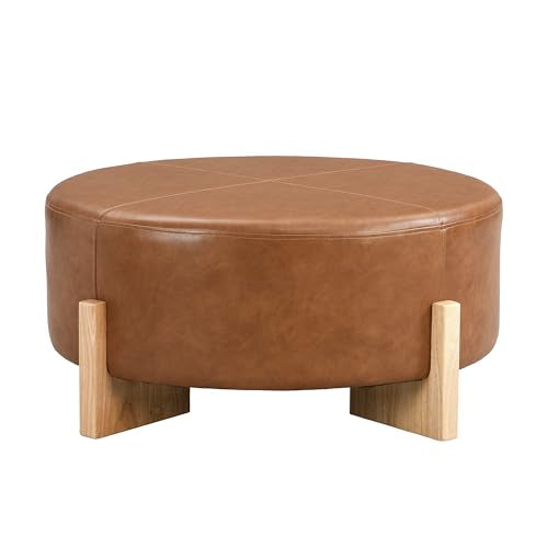 Holmes Modern Faux Leather Upholstered Ottoman Coffee Table, Wooden Round Cocktail Ottoman, Large Living Room Sofa Footstool/Footrest, Brown+Natural