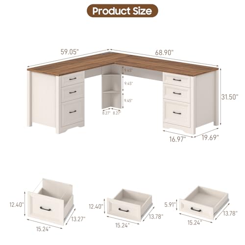 Wood L Shaped Executive Desk with 6 Drawers, view 3