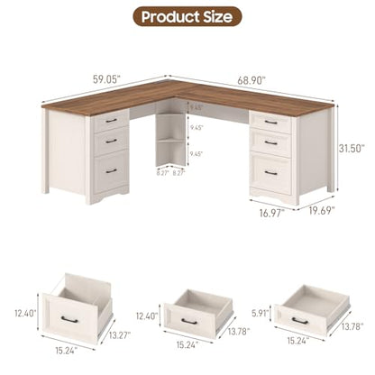 Wood L Shaped Executive Desk with 6 Drawers, view 3