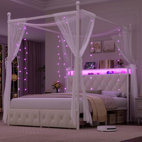 Queen Size LED Canopy Bed Frame with Storage & Charging Station,Beige, view 2