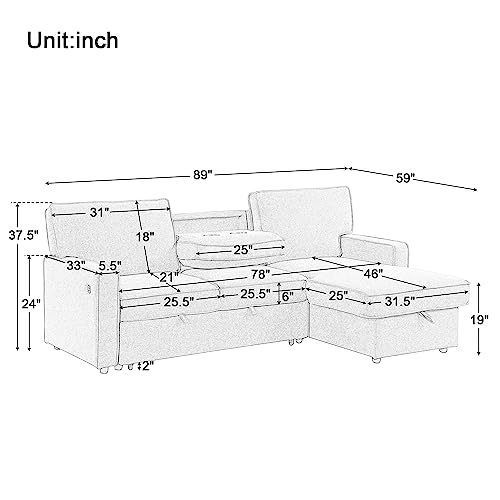 LUMISOL 89" Convertible Sleeper Sofa Bed, Modern L-Shaped Sectional Sofa Pull Out Couch with Chaise, Upholstered Sofa Bed with Cup Holder, USB Ports for Living Room, Small Apartment, Gray